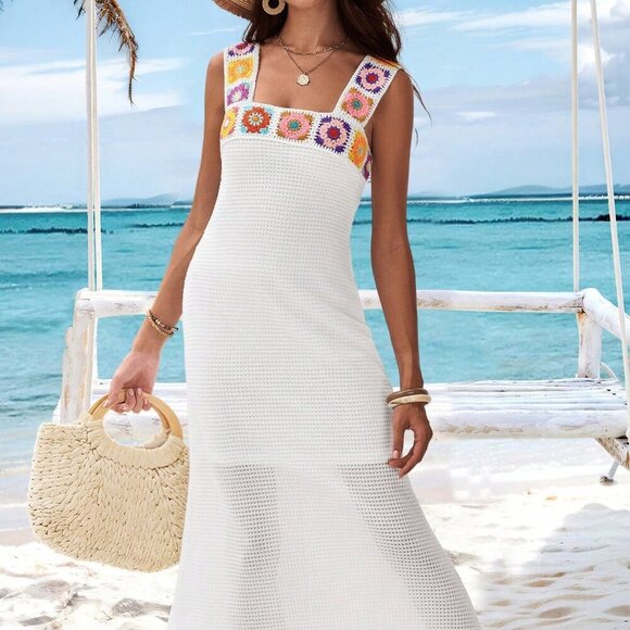 White Boho Women's Slim Fit Crochet Flower Fishtail Dress - Picture 1 of 6